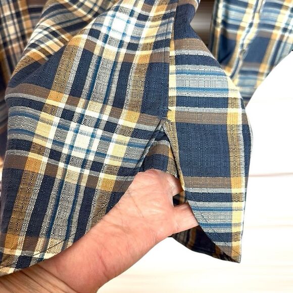 John W. Nordstrom Button Down Shirt Cotton Plaid Blue Tan Ivory Vintage XL - Picture 9 of 13